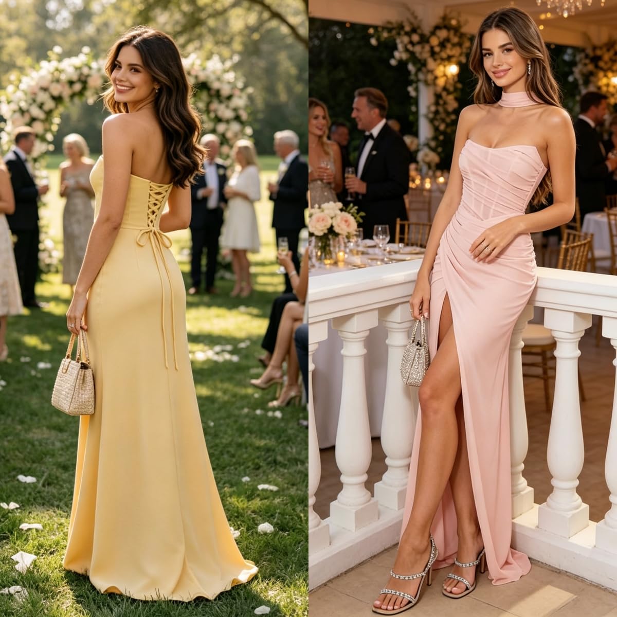 Corsé sin tirantes, vestido de dama de honor de gasa para boda con bufanda, vestido largo plisado de sirena, vestido de baile formal con abertura