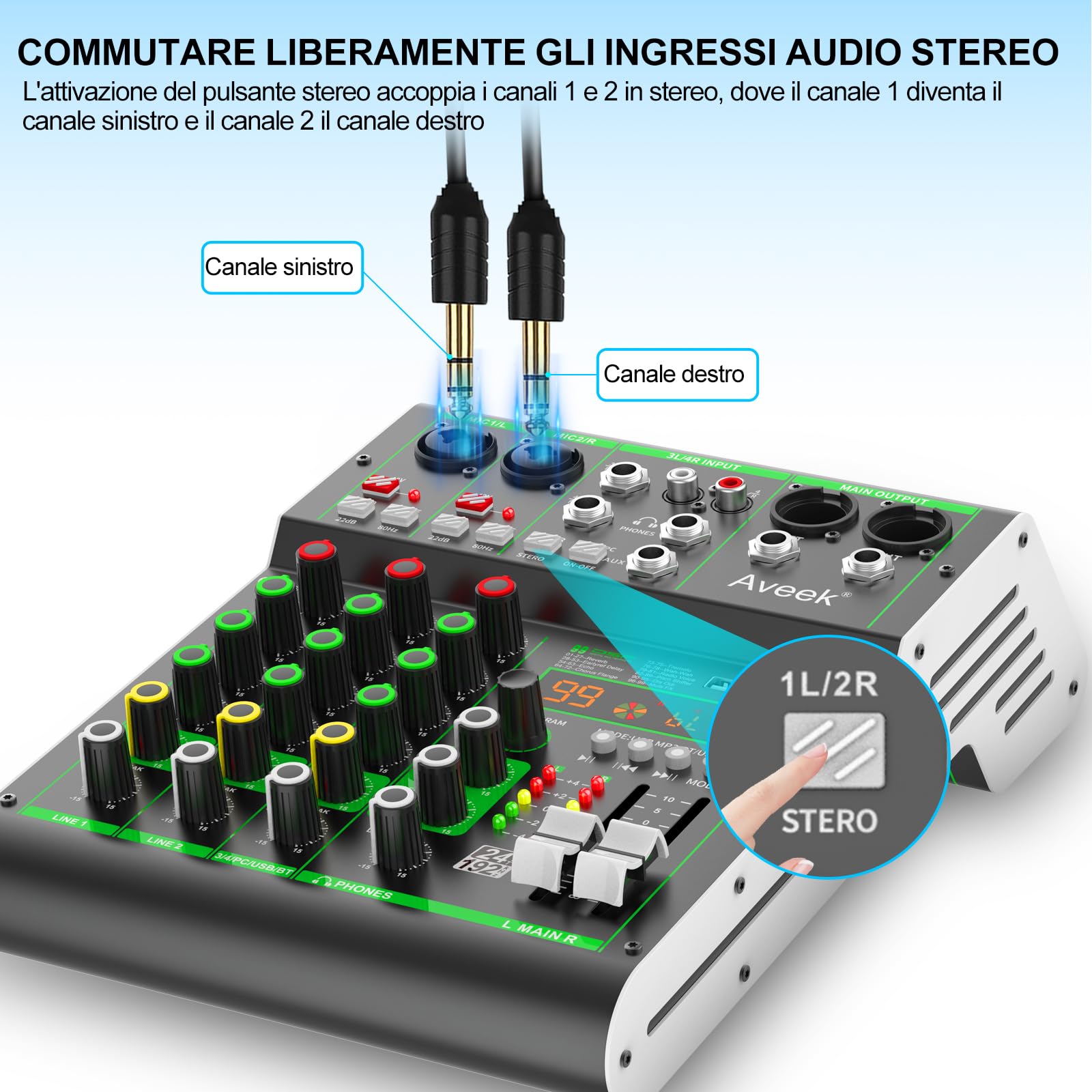 Aveek Mixer Audio, Console di Mixaggio Professionale con Ingresso USB/Bluetooth/Computer/4 Canali Stereo DJ Mixer, 48V Phantom Digital 99 DSP Effect per PC Registrazione Karaoke Studio Streaming