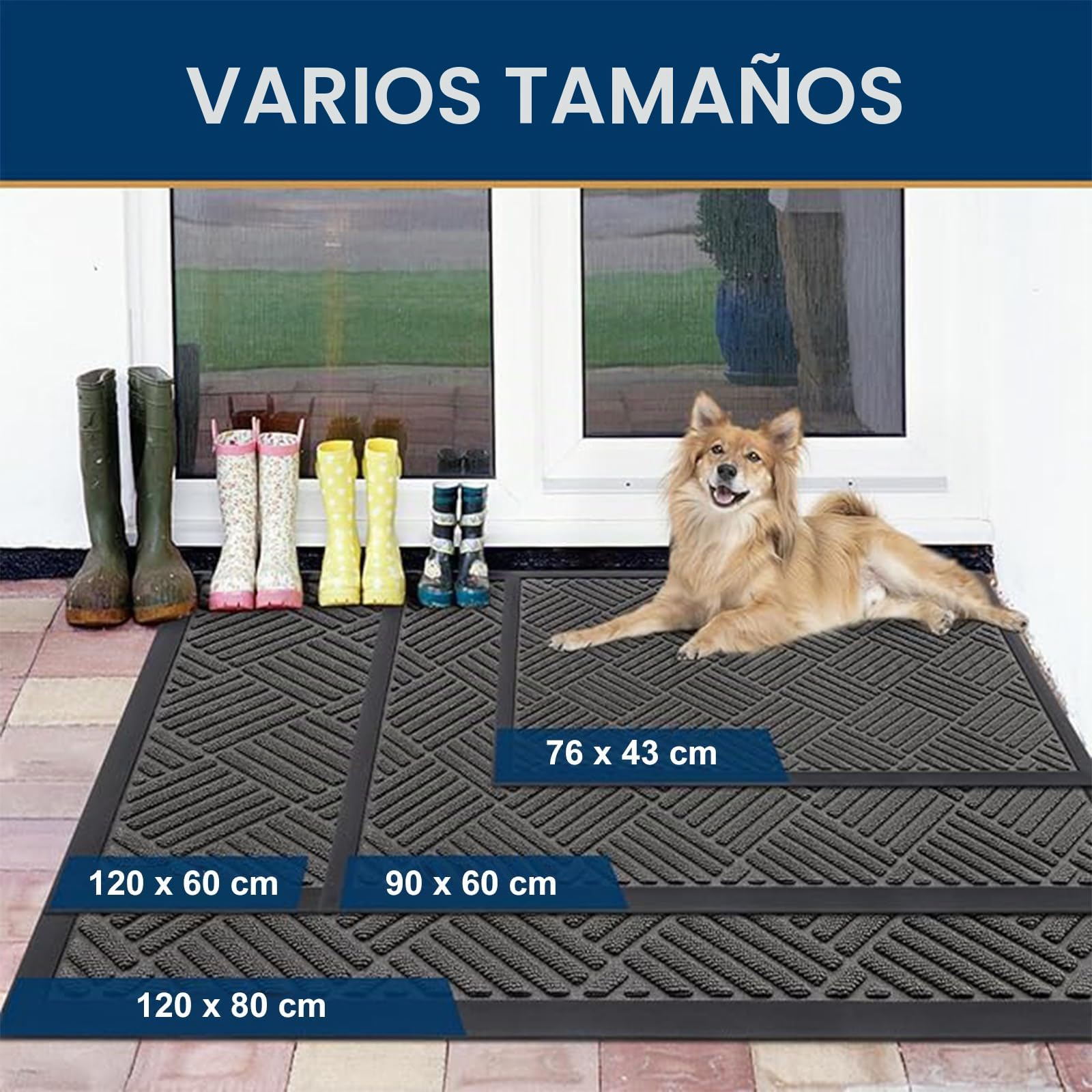 Felpudo exterior 60 x 90 cm, de silicona para exterior e interior, antideslizante, resistente al polvo y lavable, resistente a la intemperie para puerta de casa, entrada, balcón, color gris