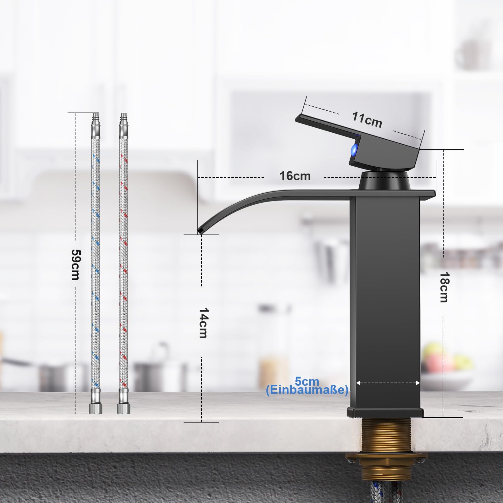 Rubinetto Bagno Lavabo a Cascata,Miscelatore Lavabo Bagno,Miscelatore per bagno in ottone e acciaio inox, cromato (incl. tubo da 60 cm)