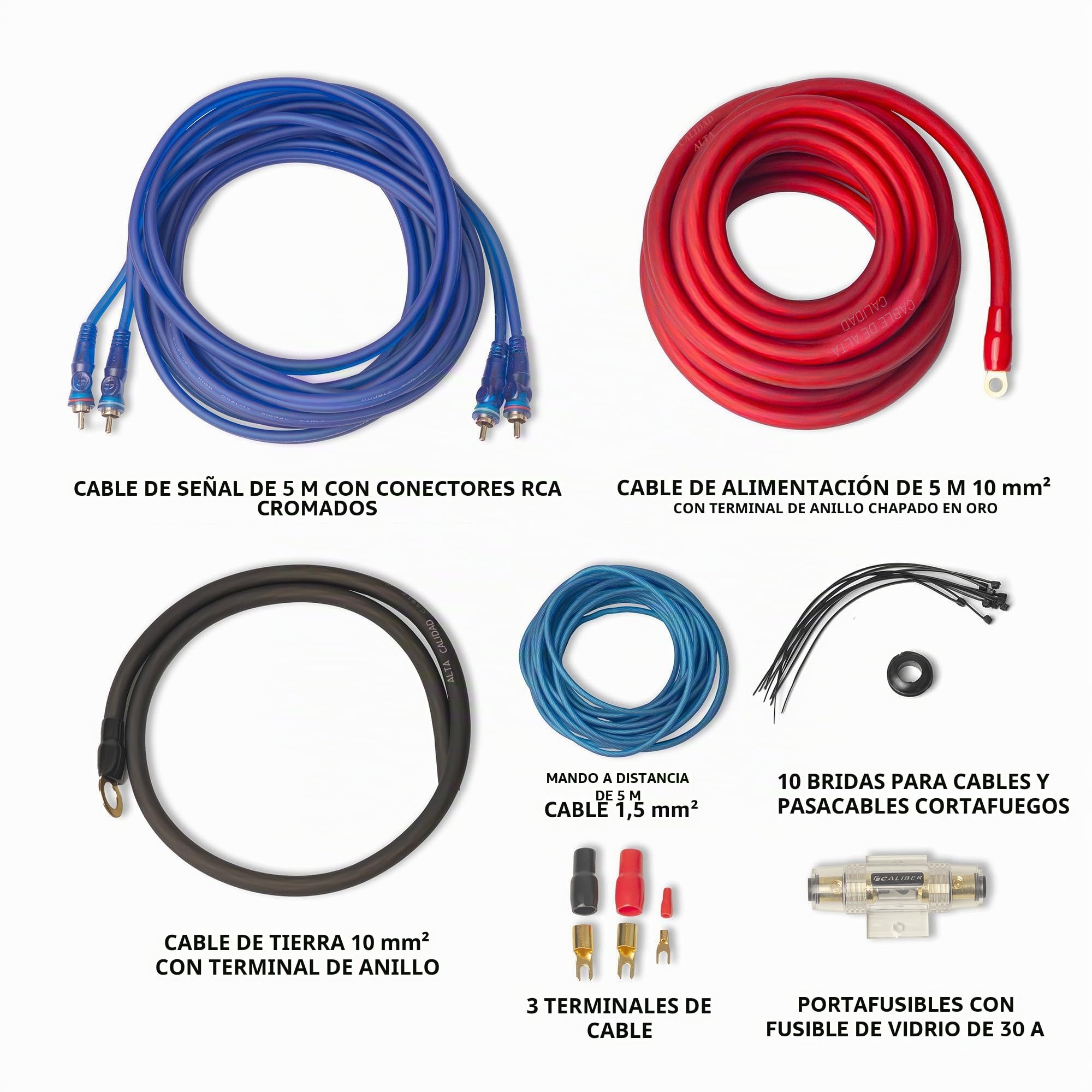 Caliber Subwoofer Cable para Automóvil - Kit de Cableado para Amplificador - 500 Vatios - Cable de 10 mm² - Juego de 4 Cables - 5 Metros - Juego Completo de Cables Car Hi-Fi - CPK10D