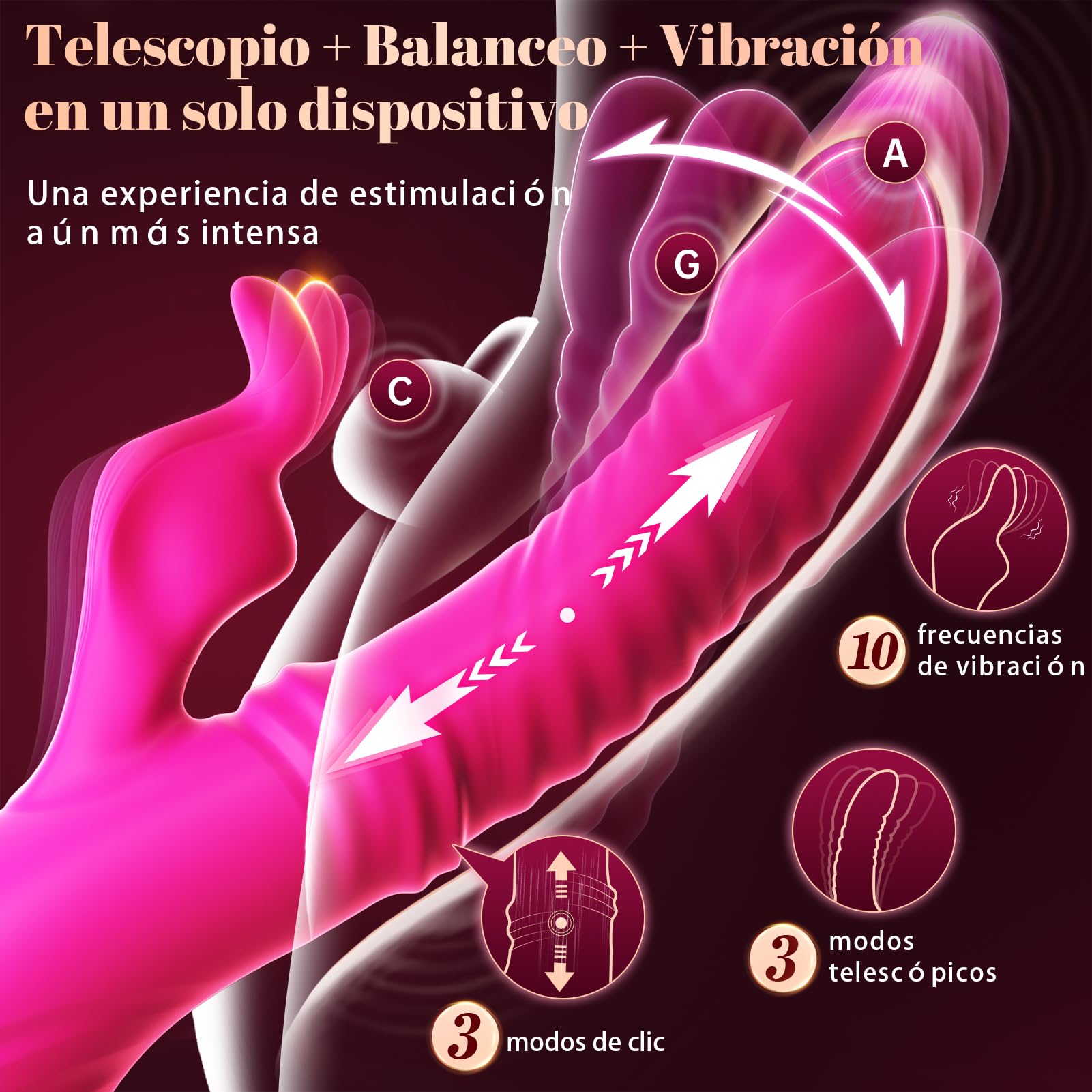 Cacuola Vibrador Conejo 3 en 1 para Mujer con Empuje Telescópico, Balanceo de 30° y Vibración Profunda, Estimulación Triple del Punto G, Clítoris y Zona A, Control por App, Silicona Suave, Impermeable