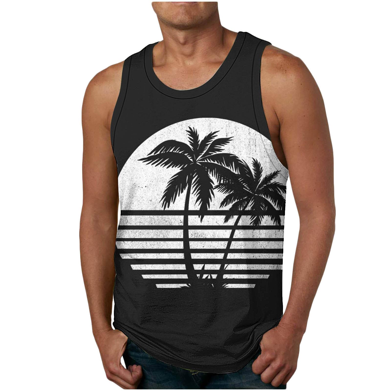 Muscularfit Big and Tall Graphic Tank Tops for Men Sleeveless Sunset Coconut Print Graphic Tee Shirts Casual Loose Pullover