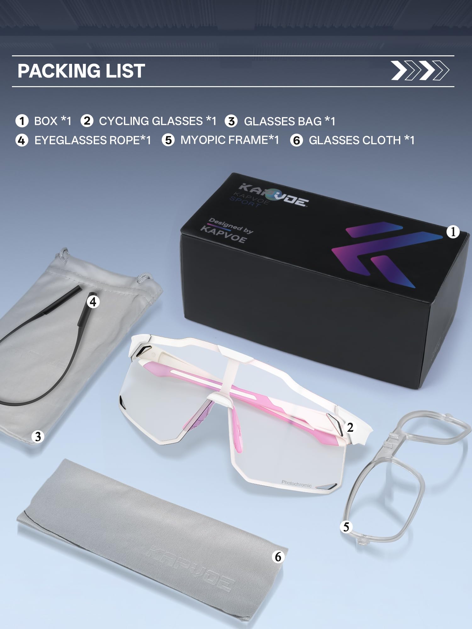 KAPVOE Fahrradbrille Selbsttönend für Herren Damen Photochrome Sport Sonnenbrille Klar Rennrad Brille TR90 Rahmen Schnelle Brille MTB Radfahren Radbrille mit UV400 Schutz Sportbrille für Laufen K347