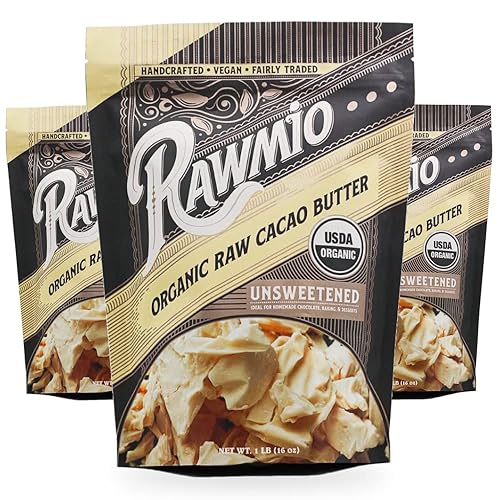 Rawmio Manteca de cacao orgánica, bolsa de 16 onzas, cruda, vegana, comercio justo, kosher, paquete de 3