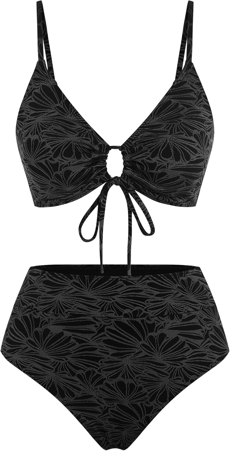 ZAFUL Bikini Sets for Women String 2 Piece Swimsuits High Waisted Bathing Suit V Neck Cut Out Swimwear