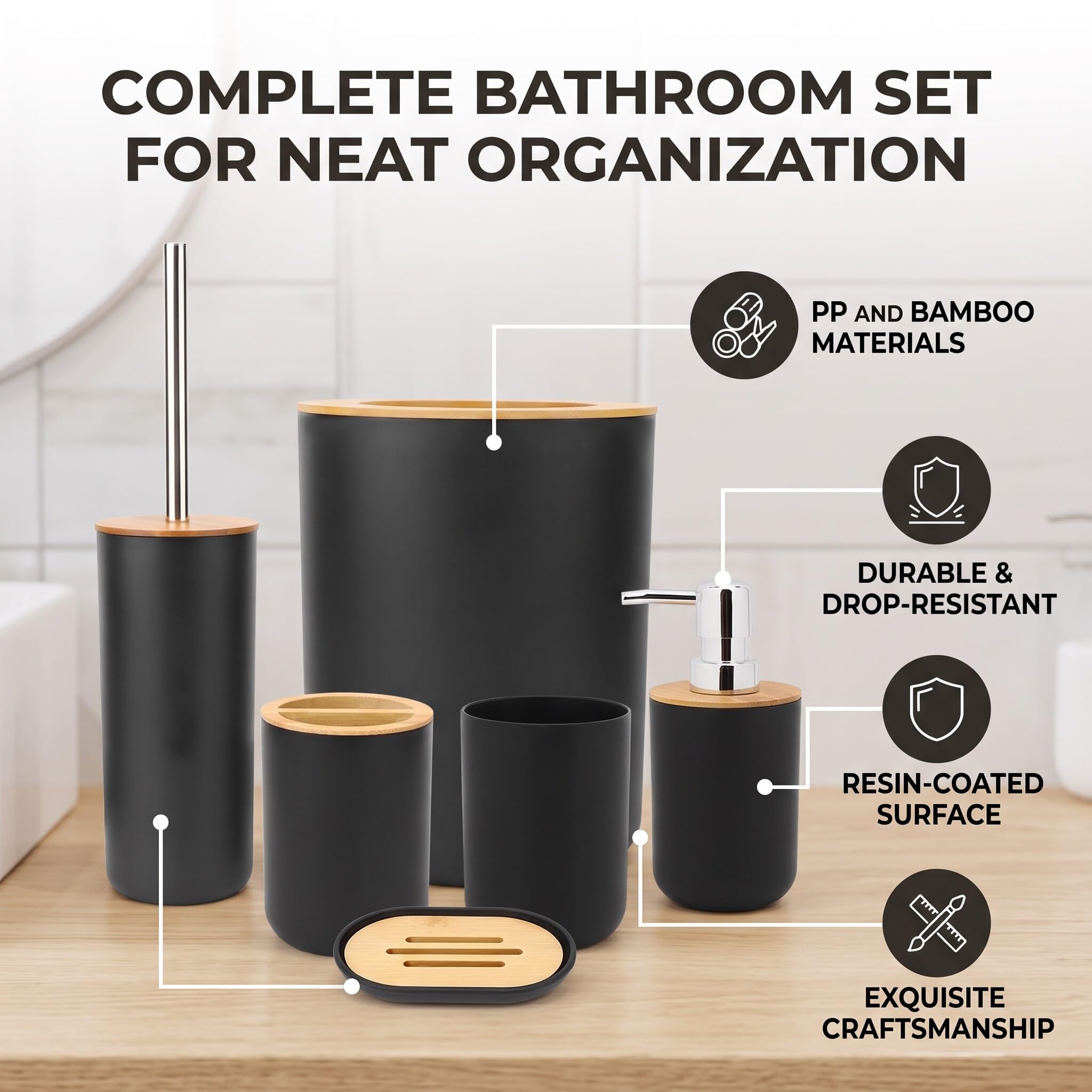 Juego de Estuches de Almacenamiento para Accesorios de baño, 6 Piezas de Herramientas de Inodoro para baño, Bote de Basura, Botella de loción, Bandeja de jabón, Cepillo de Dientes(Negro)