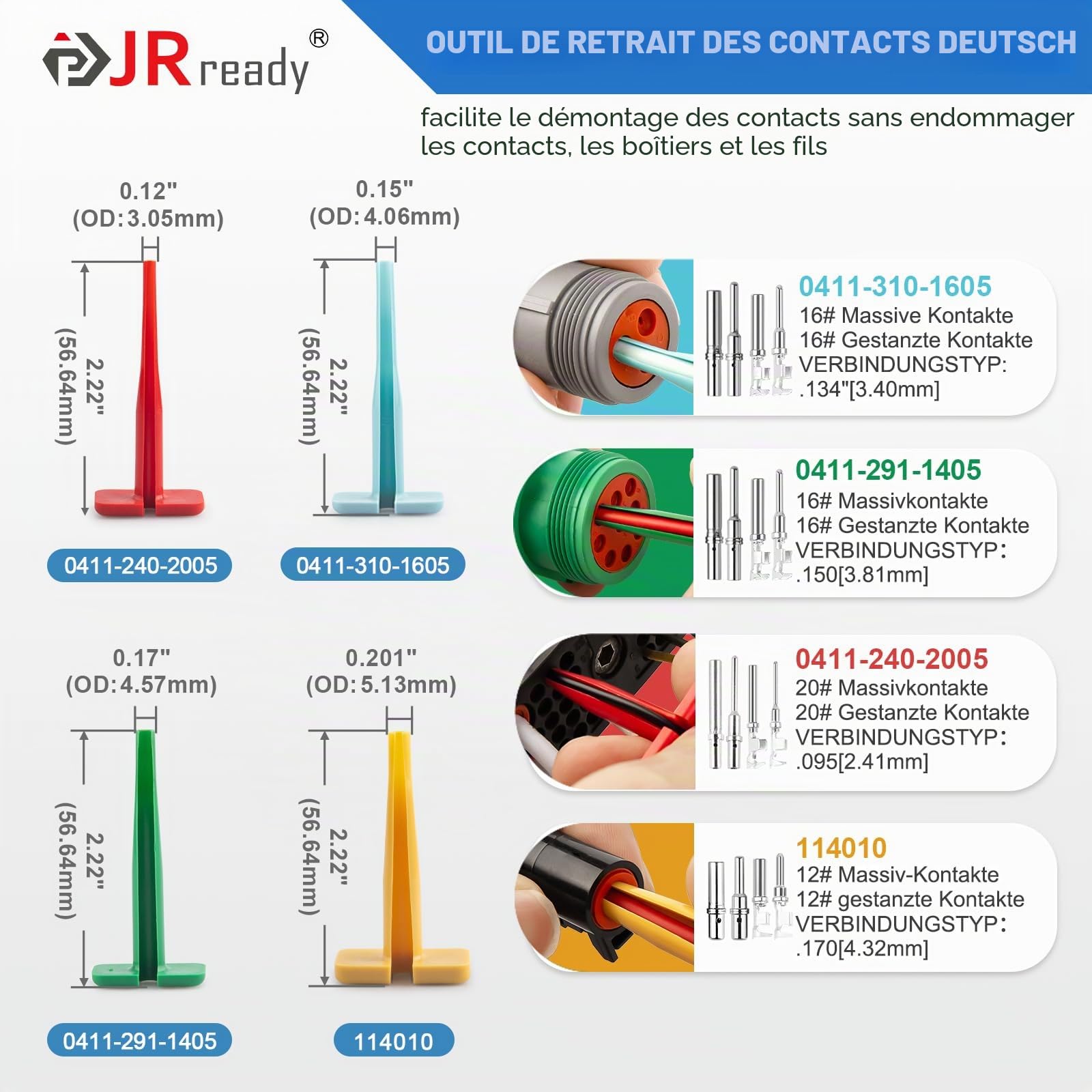 JRready ST2188 Pince à sertir allemande avec outil de déverrouillage pour DT,DTM, DTP et anphénol AT ATP ATP ATM série mesure 16 20 12 contacts massifs, pince à sertir fermée avec trois positionneurs