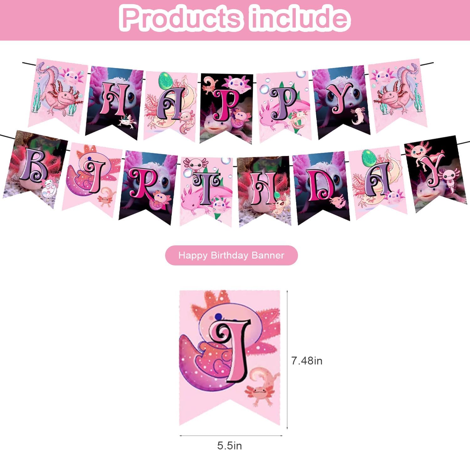Axolotl Birthday Decoration - Pink Cartoon Axolotl, Kawaii Theme Banner, Cake Topper, Latex Balloons for Kids Party Supplies, Baby Shower