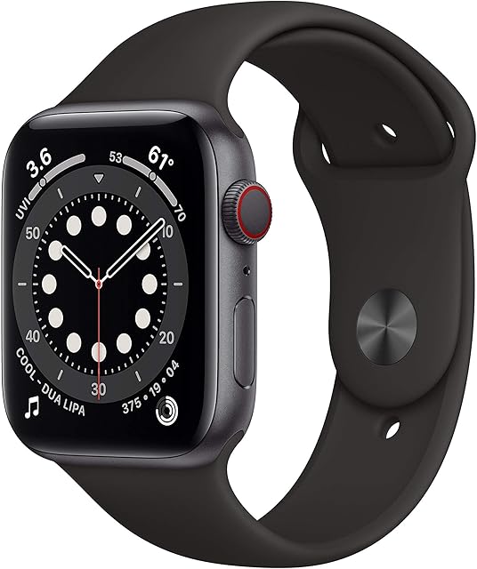 Apple Watch Series 6 (GPS + Cellular, 44mm) - Space Gray Aluminum Case with Black Sport Band (Renewed)