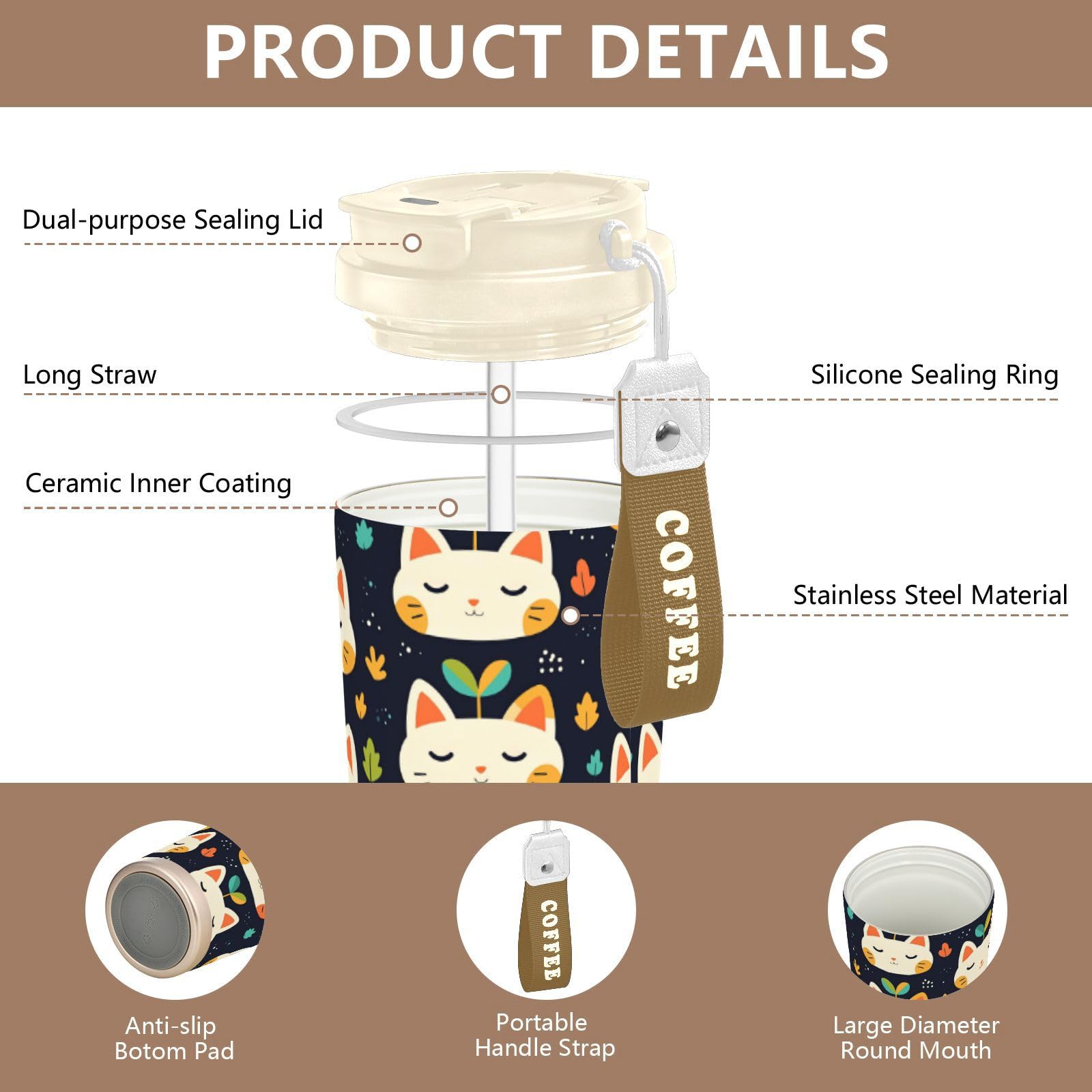 linqin Taza de café de viaje con cara de gato con hierba para mujer con tapas, taza térmica de acero inoxidable para frío y calor, 17 onzas, a prueba de fugas