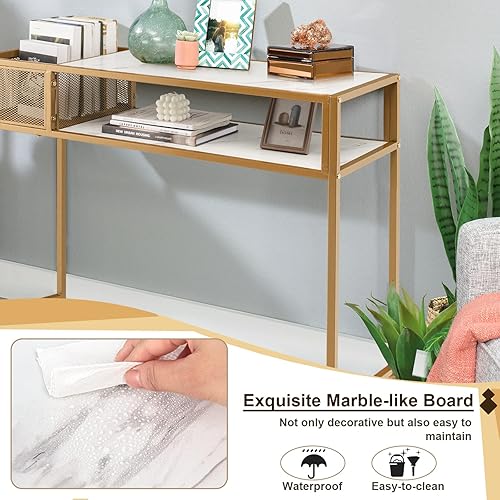 Miniatura 5 de GOFLAME Mesa consola con almacenamiento, mesa de sofá de mármol sintético blanco con marco acabado dorado, mesa de entrada estrecha con estantes