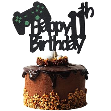Festiko®Video Game Cake Topper for 11 Year Old Gamer Birthday Decorations, Glittery Happy 11th Birthday Video Game Cake Topper for 11th Birthday Party Cake Decorations