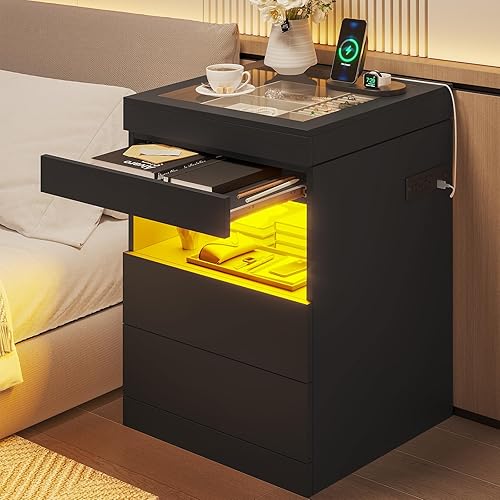 Miniatura 7 de Juego de 2 mesitas de noche negras, juego de 2 mesas de noche LED con estación de carga y parte superior deslizante, mesa auxiliar de cama con parte