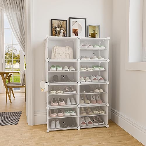 Miniatura 8 de OneLeaf Organizador de zapatos, organizador de zapatos de plástico de 8 niveles para armario, 32 pares, organizador portátil de zapatos con puertas