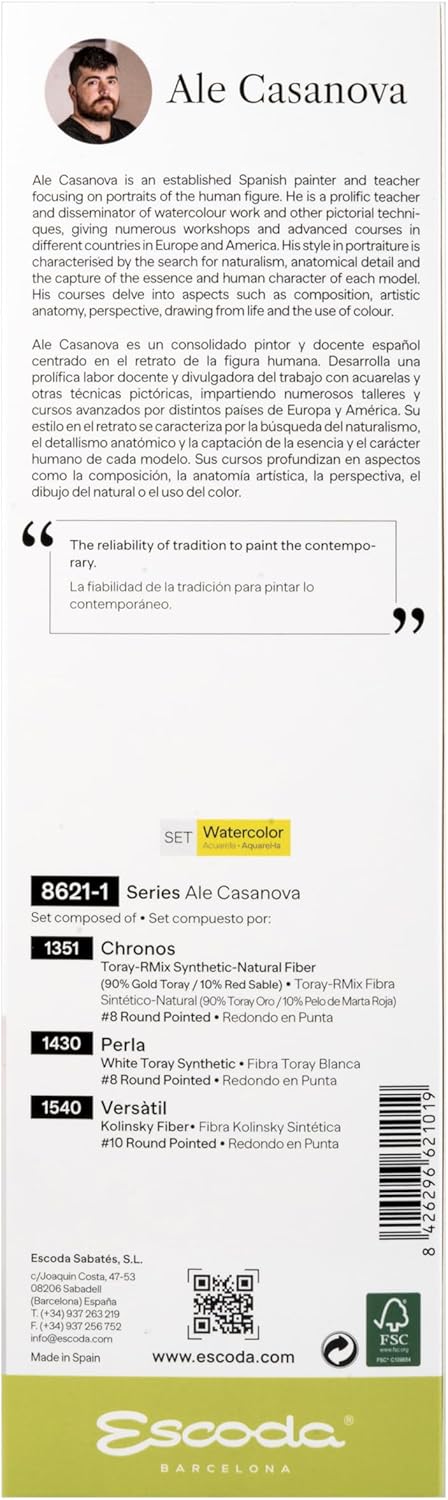 Escoda | Watercolour | Artist Set Ale Casanova | Size 8,10,14 | 3 Brushes | Toray-RMix (90% Gold Toray-10% Red Sable) + White Toray + Kolinsky Synthetic | Round Pointed | Portraits + Figurative Art