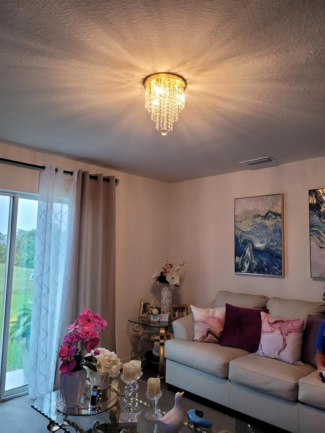 TISLYCO Mini Gold Crystal Chandelier, 3 Light Modern Flush Mount Ceiling Light Fixture, Raindrop Ceiling lamp Beaded Crystal Pendant Lighting for Hallway, Bedroom, Living Room, Dining Room