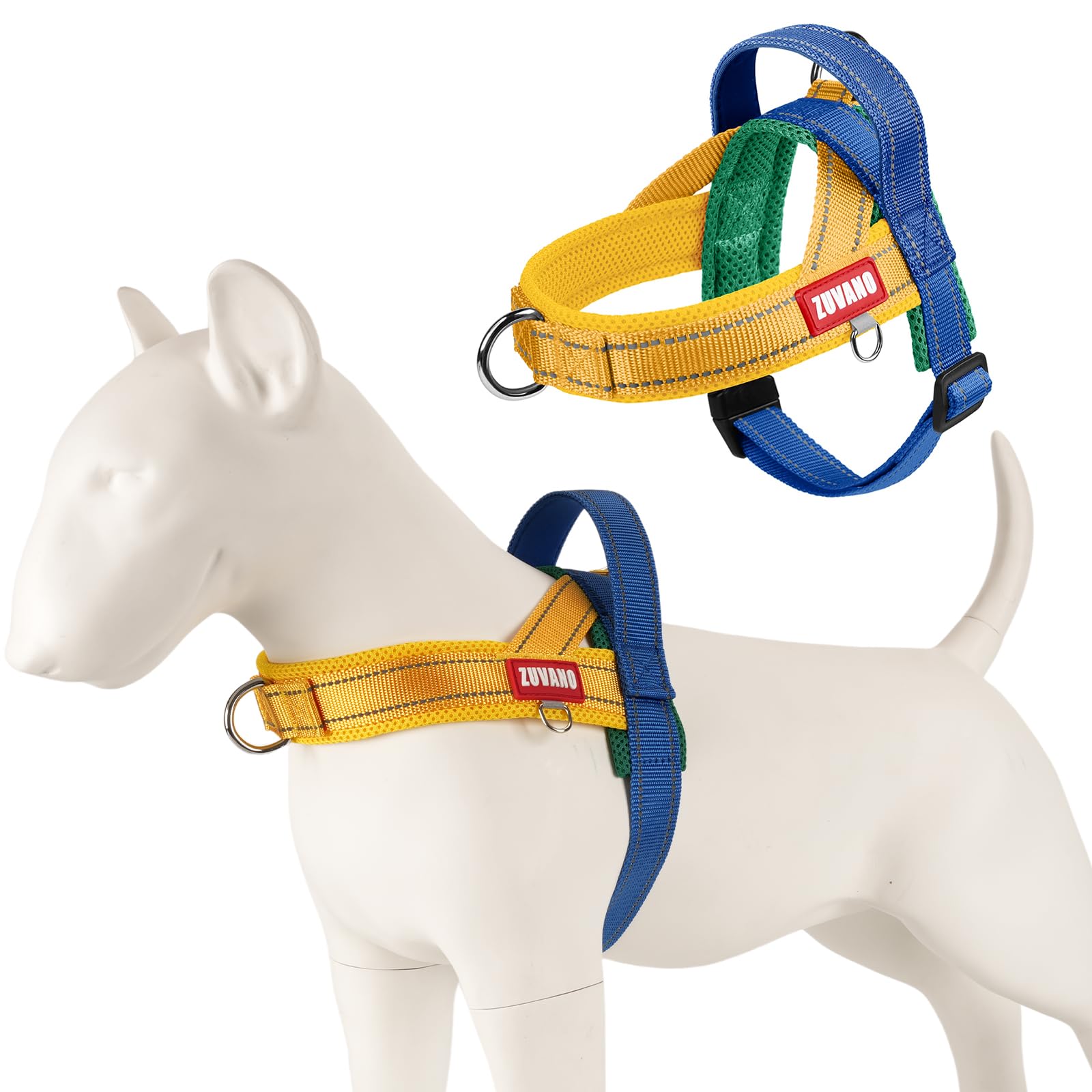 Yellow Soft Dog Harness Medium Sized Dog, Freedom No-Pull Escape Proof Front Clip Dog Harness – Adjustable Reflective Padded Vest with Handle & Quick-Release Buckle, Yellow/Blue, M