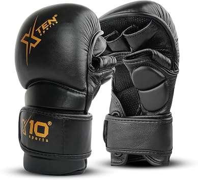 MMA Gloves Real Leather, Sparring Grappling, Open Palm Martial Arts Mitts Men Women, Adjustable Wrist Support, Cage Fighting Combat Sports Boxing Training, Muay Thai, Kickboxing