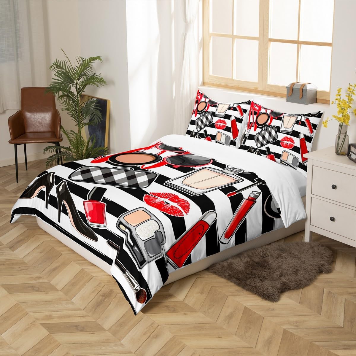 Makeups Duvet Cover Set Queen,Glasses Lipstick Lips Bedding Set 3pcs for Girls Woman Teens Room Decor, Black White Stripes Comforter Cover Modern Quilt Cover with 2 Pillowcases