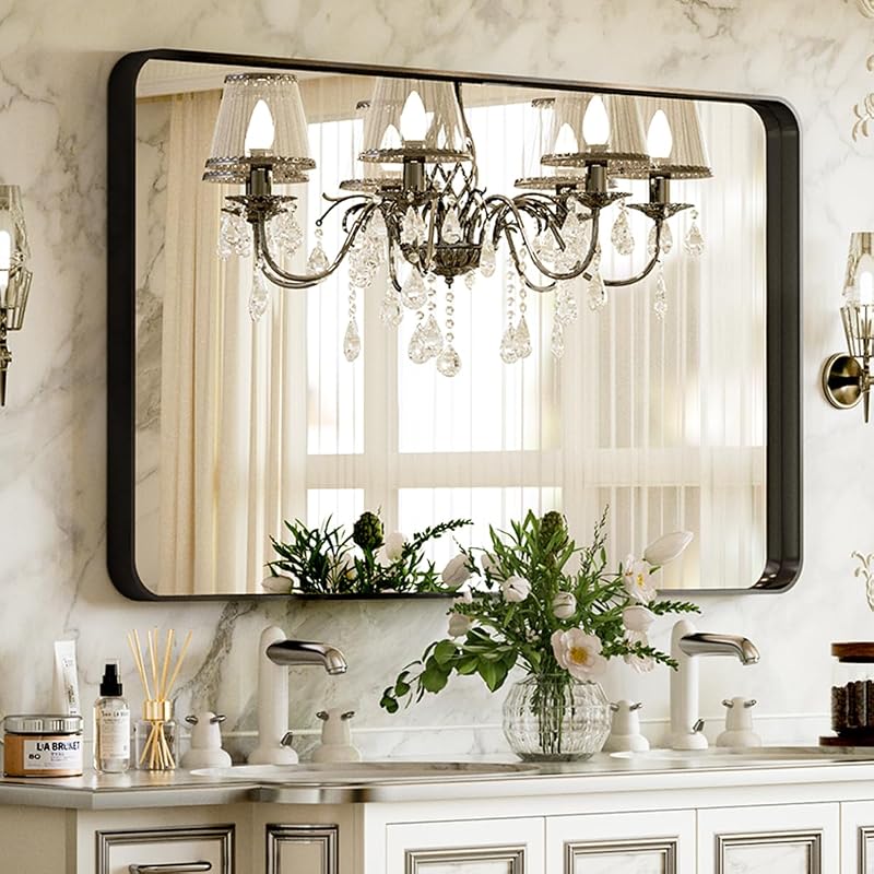 Espejo de baño de 24 x 32 pulgadas, hermoso espejo de pared con marco profundo negro | Espejo de tocador de baño moderno con esquinas redondas sobre lavabo, colgante o inclinado horizontal o vertical para dormitorio, sala de estar
