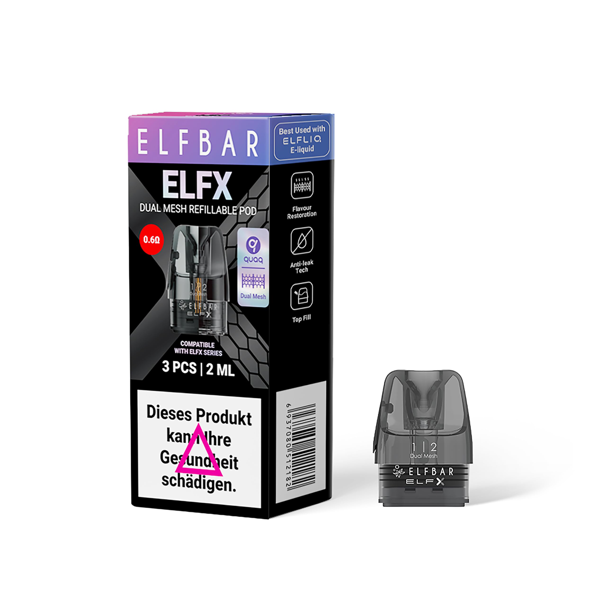 ElfX 0.6 Ω Leere Pods zum nachfüllen Refillable Pods, Selbstbefüllbar,  Nachfüllbare Pods | 3 Stück pro Packung je 2ml