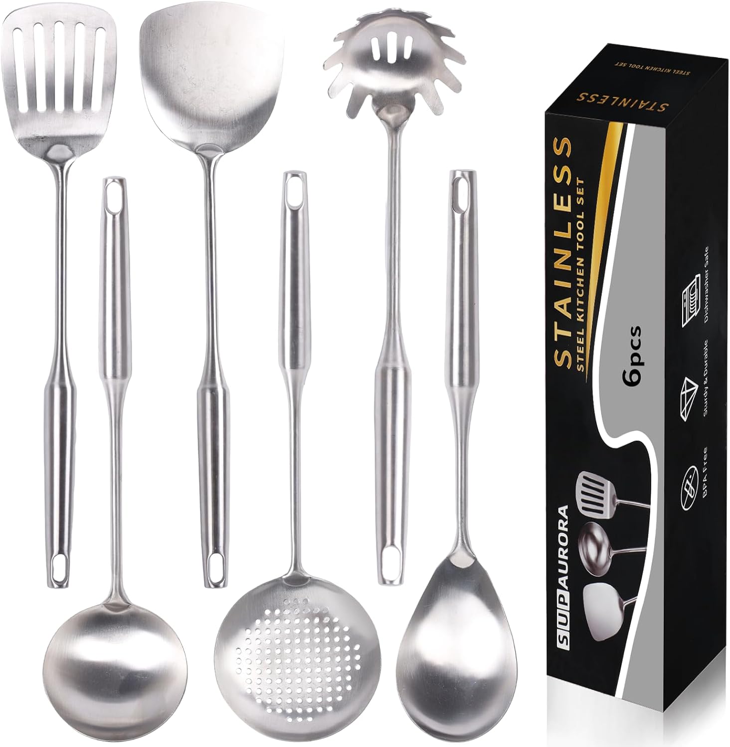 Stainless Steel Kitchen Utensil Set, 6-Piece Cooking Tools with Slotted Spoon, Soup Ladle, Pasta Server, Serving Spoons, Spatula, Slotted Turner, Non-Toxic Easy to Clean, Large Size, Silver