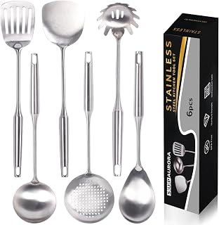 Stainless Steel Kitchen Utensil Set, 6-Piece Cooking Tools with Slotted Spoon, Soup Ladle, Pasta Server, Serving Spoons, Spatula, Slotted Turner, Non-Toxic Easy to Clean, Large Size, Silver