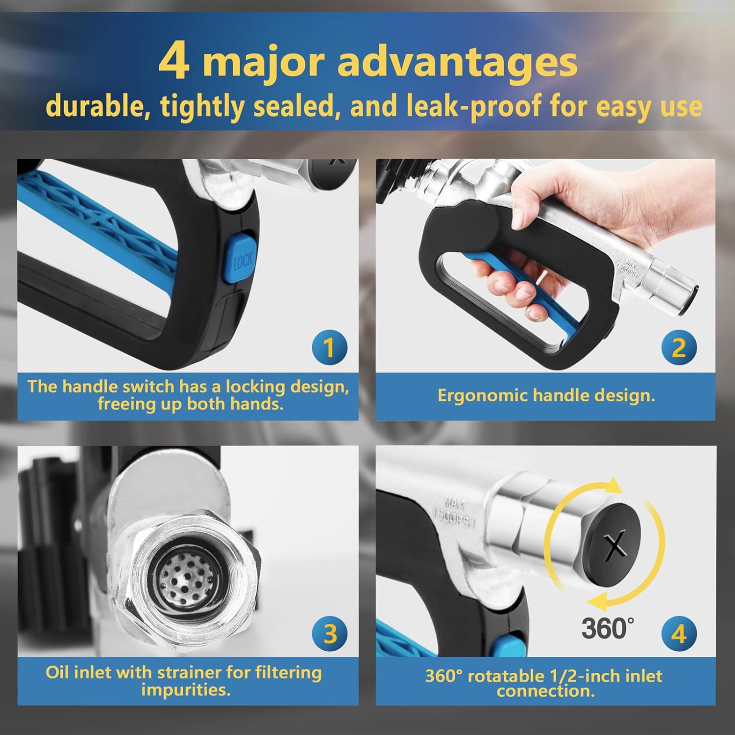 Digital Oil Control Valve Flow Meter Dispenser Nozzle 10 GPM / 35 LPM, Heavy Duty Air Operated Electronic Oil Metering Gun 1/2 Inch NPT Inlet, Oil Gun - Max Working Pressure 1500 PSI / 100 bar