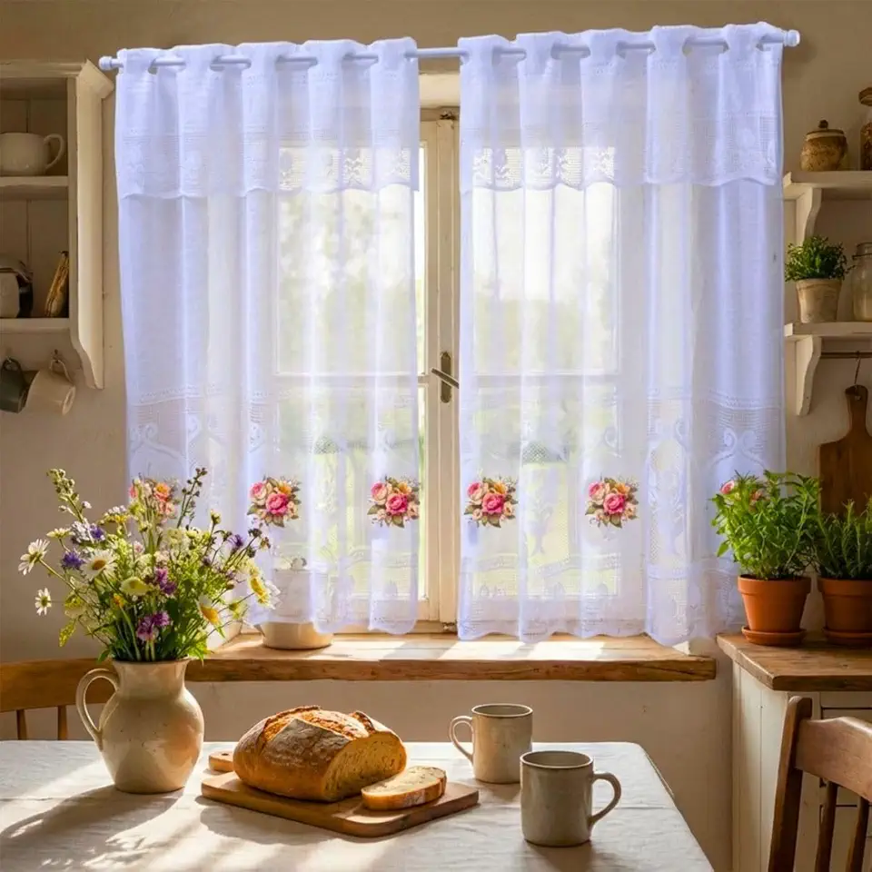 Cortina Cozinha Renda Transfer Cozinha 2,50cm X 1,20cm Cortina P/Varão De 2M (Flor 1)