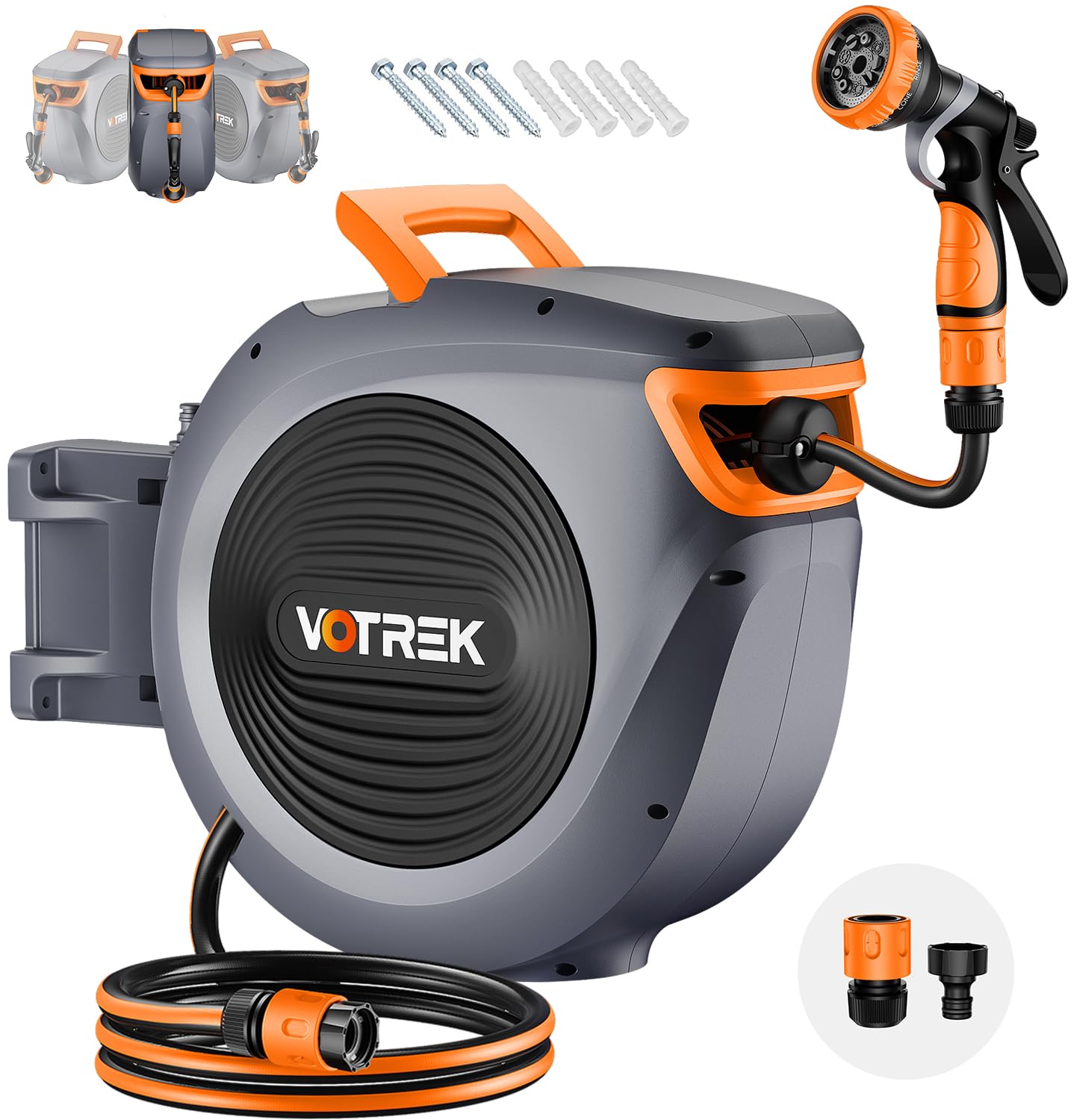 VOTREK Retractable Garden Hose Reel [1/2'' x 30m+2m], Wall Mounted Auto Reel with Slow Rewind System, Any Length Lock, 180° Swivel Bracket, 9-Mode Nozzle Hose Pipe for Watering Cleaning