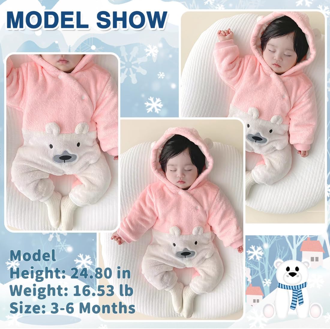 Fairy Baby Newborn Baby Snowsuit Bear Suit Romper Winter Warm Coat Infant Fleece Footie Jumpsuit for Girls Boys 0-18M - Image 6