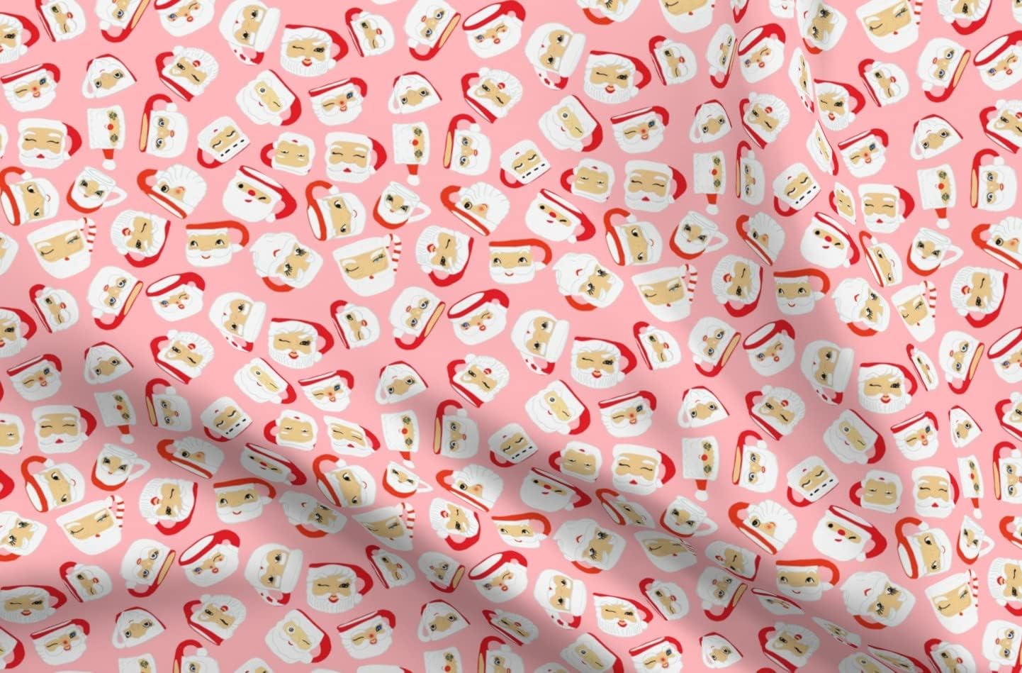 Spoonflower Fabric - Santa Collection Pink Christmas Holiday Vintage Mugs Printed on Upholstery Velvet Fabric Fat Quarter - Upholstery Home Decor Bottomweight Apparel