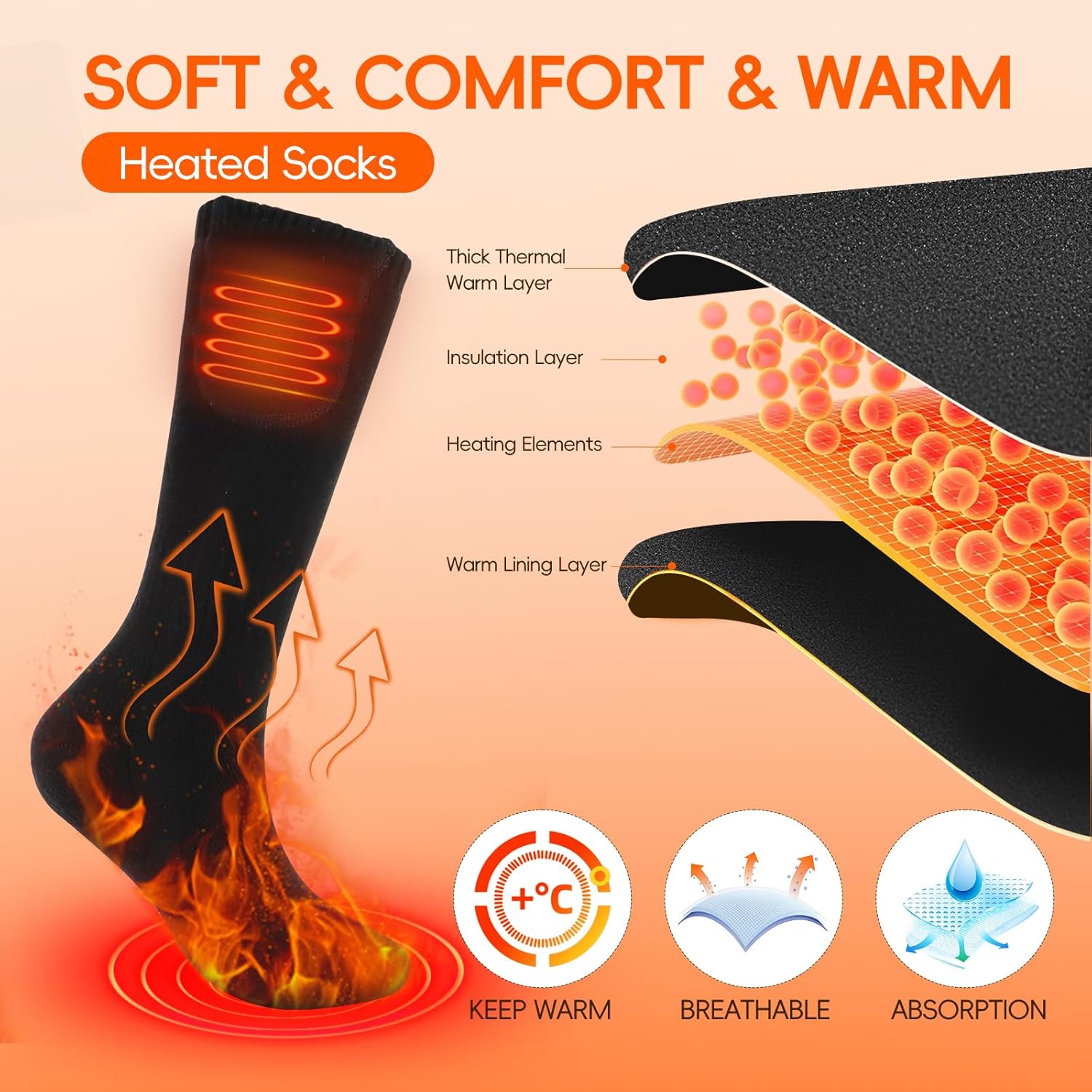 Heated Socks,Hettluo 5V 4000mAh Rechargeable Electric Heated Socks for Men Women Warm Thermal,with 3 Heating Setting for Outdoors Work Fishing Hunting Skiing Cycling Hiking Camping Motorcycling - Image 2
