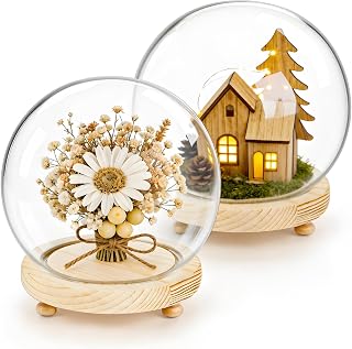 Pumtus 2 Pack Clear Glass Dome Cloche, 6 Inch Decorative Display Bell Jar with Wooden Base, DIY Snow Case Memory Showcase for Flower Tabletop Centerpiece Home Christmas Party Decoration