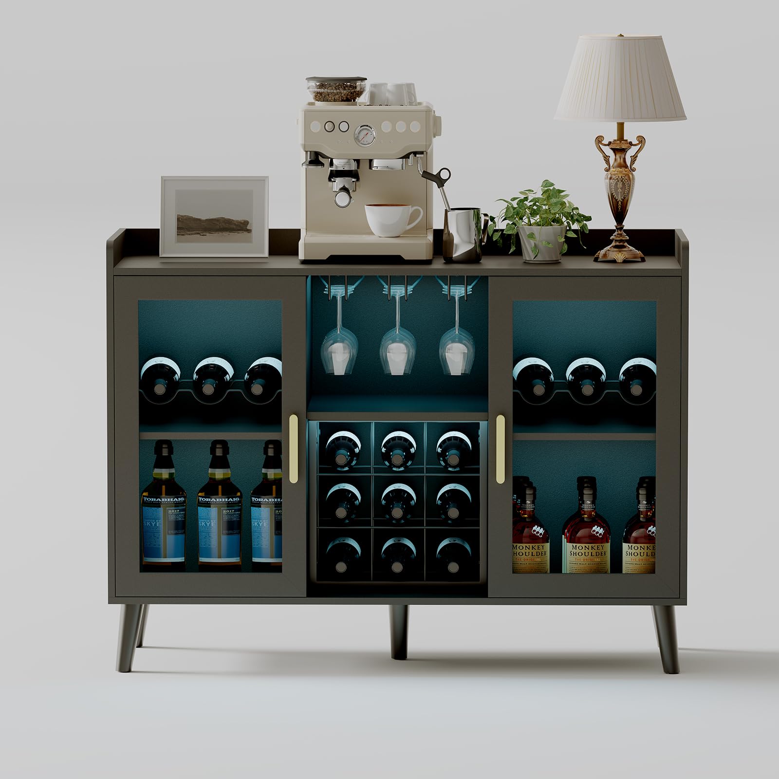 GarveeHome Modernes Freistehendes Weinbar Sideboard Mit LEDBeleuchtung Weinregal, Glashalter, Glastüren Viel Stauraum Für Wohnzimmer, Küche, Esszimmer Stabile Holzkonstruktion, Vielseitig