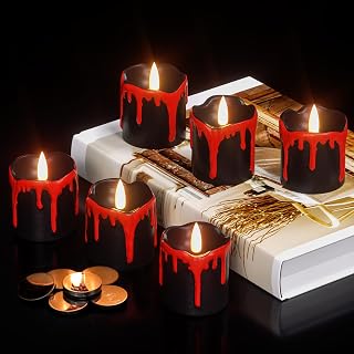 Halloween Black Votive Candles Battery Operated with Long Lasting CR2450 Batteries, LED Flameless Flickering Candles with 6H Timer, 6Pcs Black and Red Drip Wax Candle Gothic Home Decor