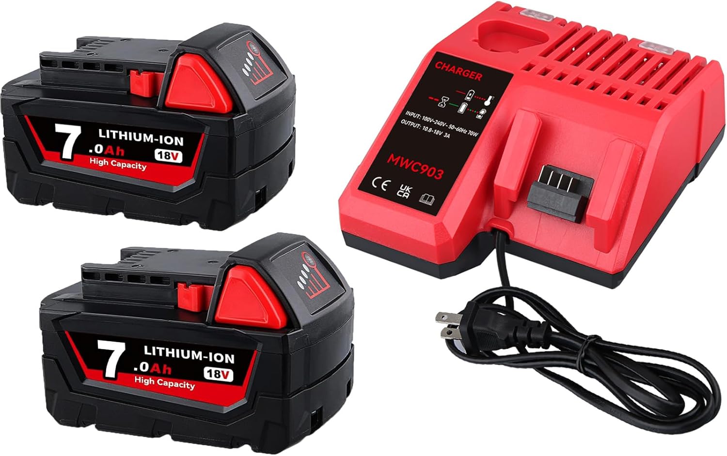 2Pack 7000mAh Replacement for Milwaukee 18V Battery and 12-18C Charger Combo Fast Charging Compatible with Milwaukee Lithium Ion Battery 48-11-1860 48-11-1850 48-11-1828 48-11-1820 48-11-1840