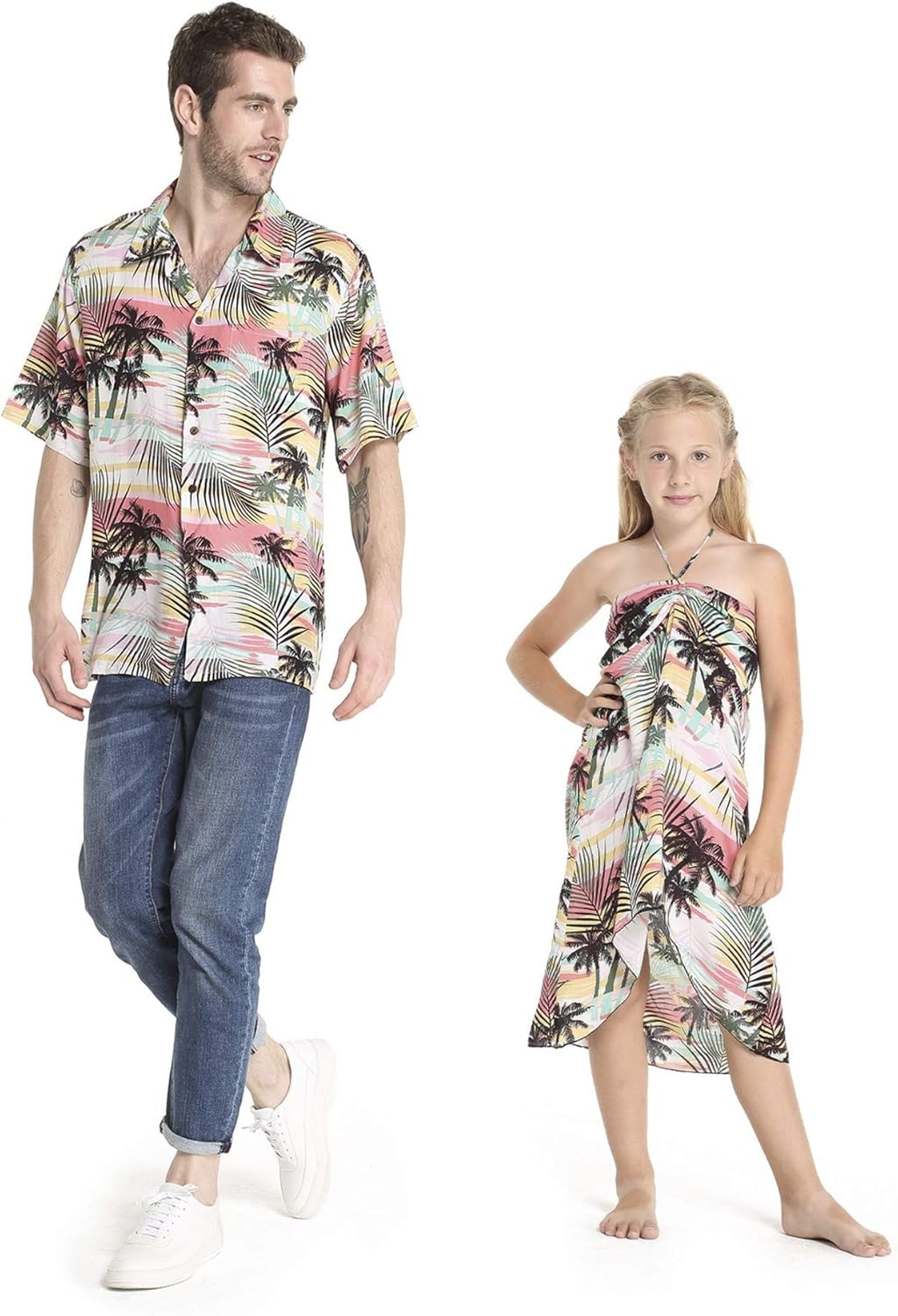 Matching Hawaiian Luau Outfit Men Shirt Girl Dress in Sunset Red
