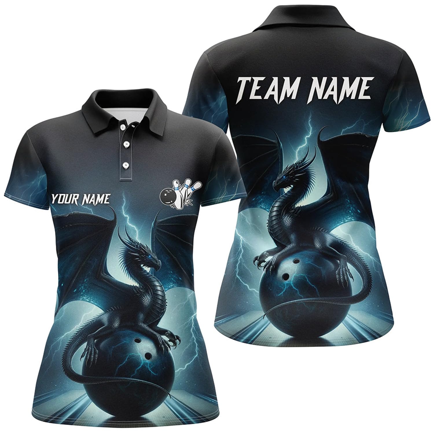 Dark Blue Lightning Thunder Custom Dragon Women Bowling Polo Shirts Team Bowling League Jerseys N7228