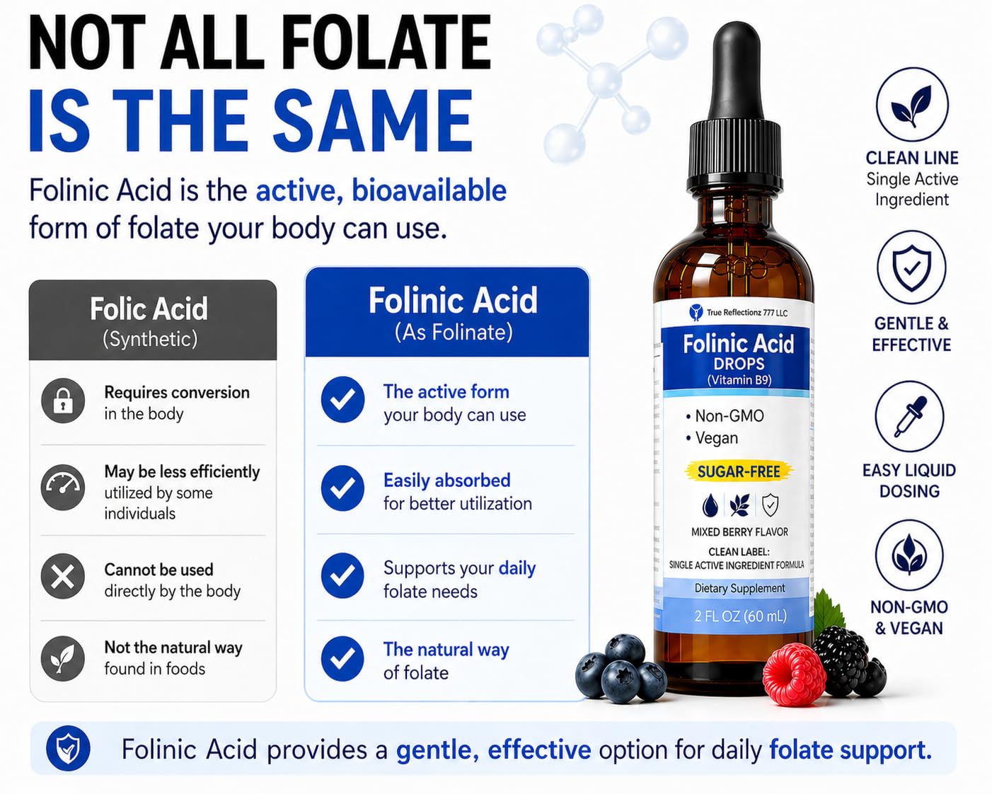 Folinic Acid Drops Kids & Adults - 500mcg Vitamin B9 Liquid Kids 60 mL | Methylation Support Supplement | Bioavailable Folate | Sugar Free, Non-GMO, Vegan | Gentle Methylation — Amazon image 3