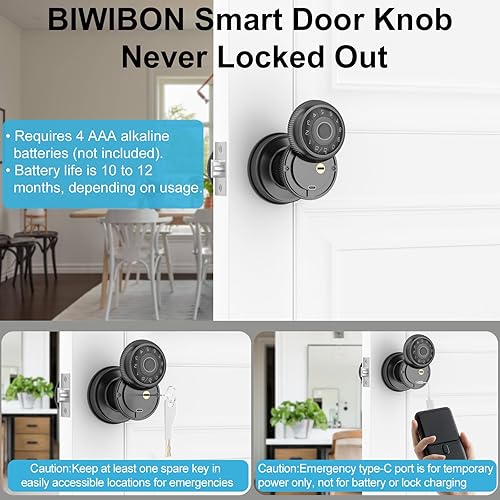 Miniatura 5 de Pomo de puerta inteligente 4 en 1, perilla de puerta de huellas dactilares con control de aplicación, cerradura inteligente de puerta de huellas