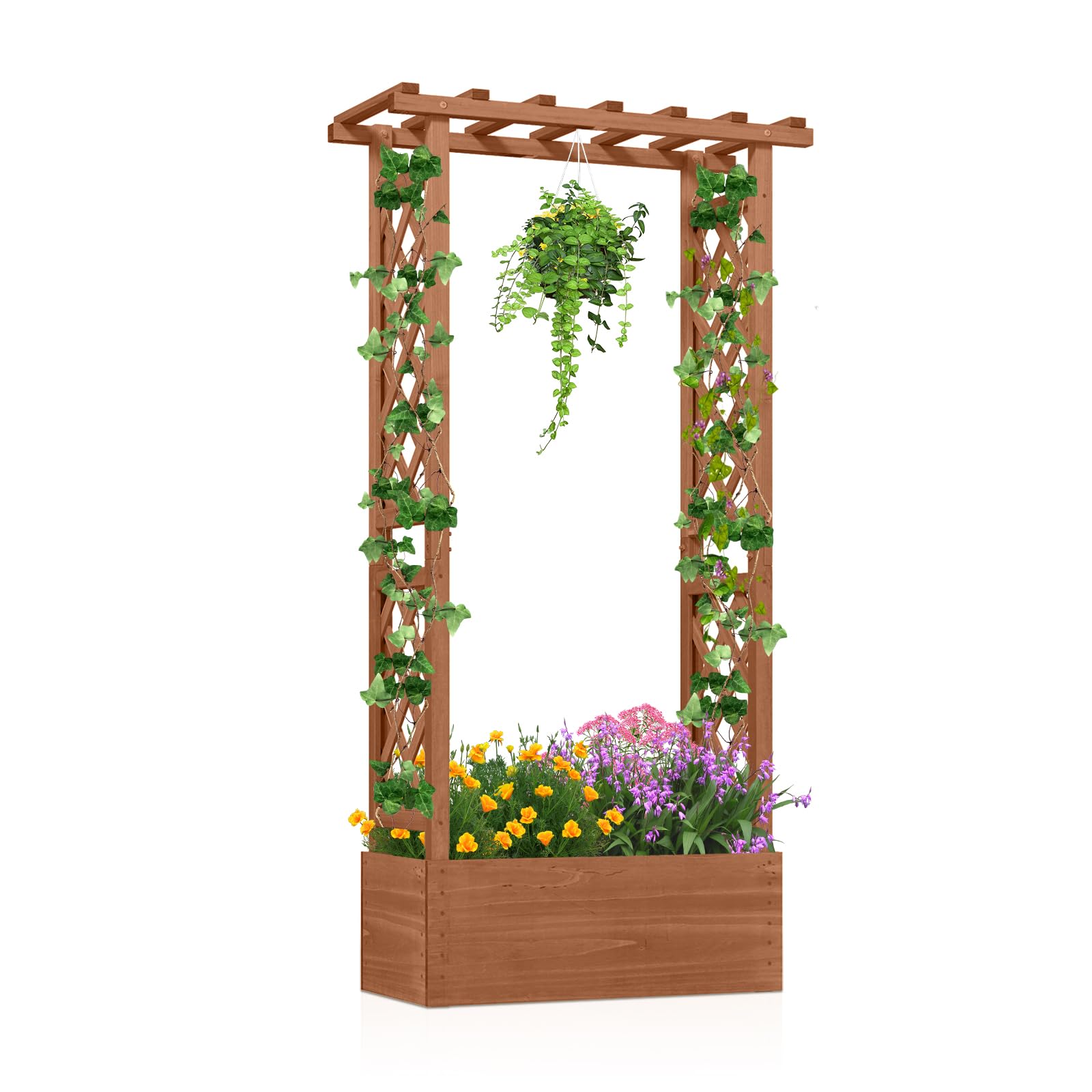 FANTASK Blumenkasten mit Rankhilfe, 66 x 32 x 152 cm, Hochbeet mit Rankgitter & hängendem Dach, Pflanzkasten für Kletterpflanzen & hängende Körbe, Pflanzkübel Holz für Garten Hof Terrasse (Braun)