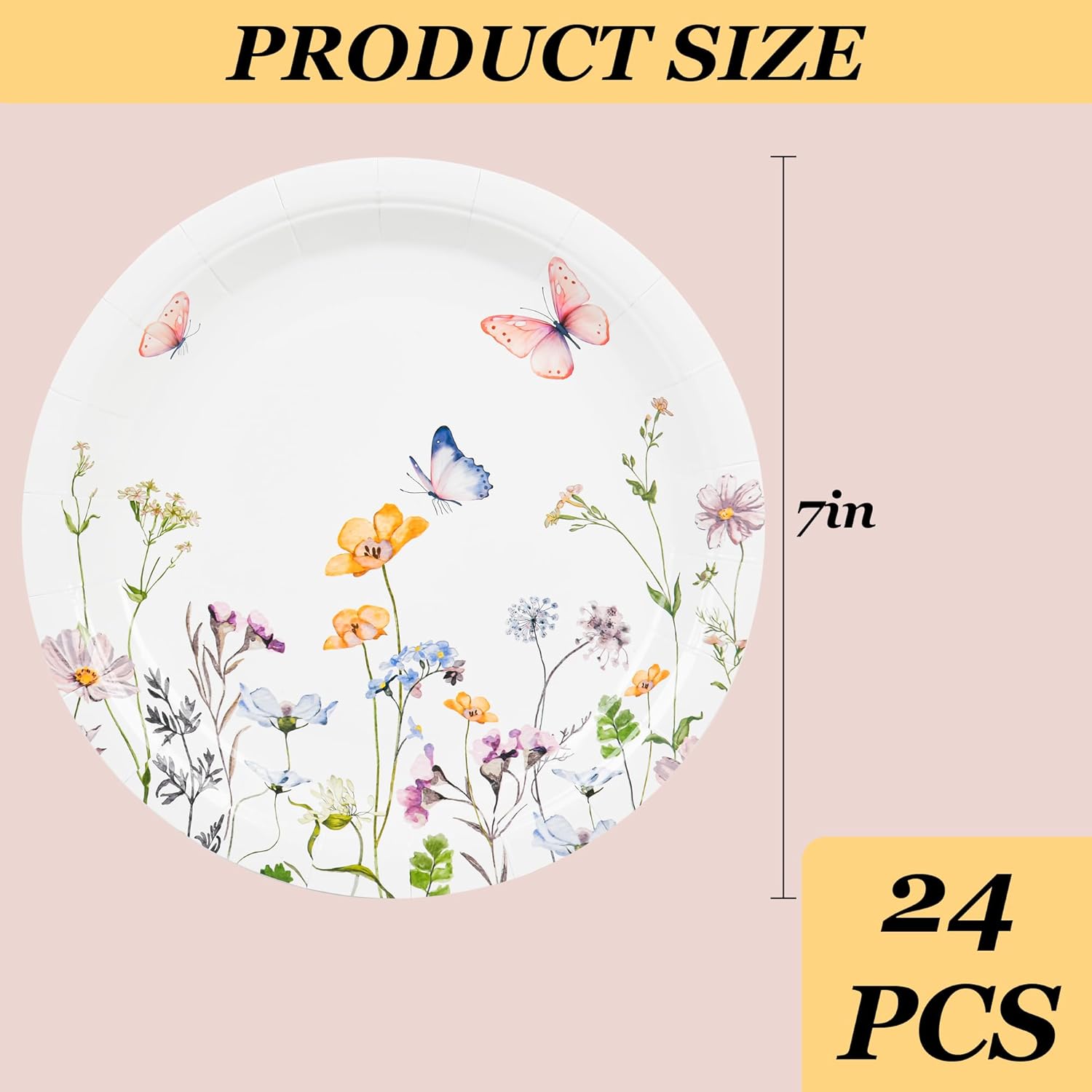 24 Pcs Wildflower Paper Plates Watercolor Floral Disposable Party Dessert Plate 7" Rustic Botanical Butterflies Plates for Spring Summer Bridal Baby Shower Tea Party Supplies - Image 2