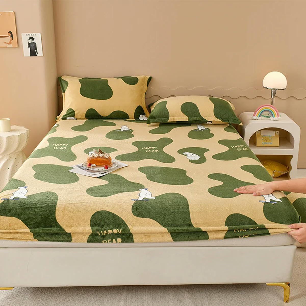 Juego de sábanas ajustables geométricas verdes súper cálidas de 3 piezas para el invierno, sábana de terciopelo con diseño de oso de dibujos animados para niños y niñas, funda de cama de 90 x 200 cm x