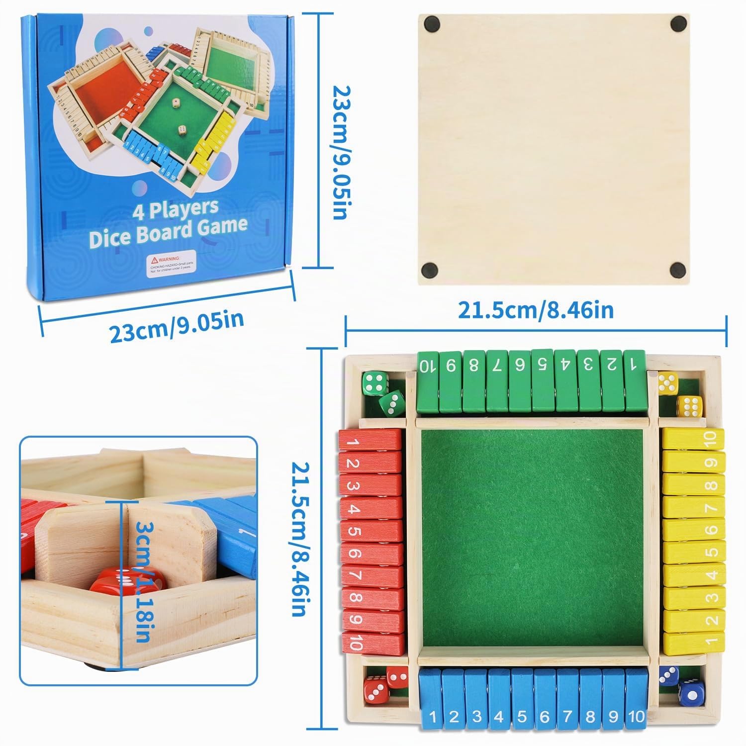 Fzyisw Shut The Box – Jeu De Dés En Bois – 10 Tuiles Numérotées – Pour 4 Joueurs – Feutre Vert Anti-Bruit – Taille 22 X 22 X 3,5 Cm – Cadeau Familial