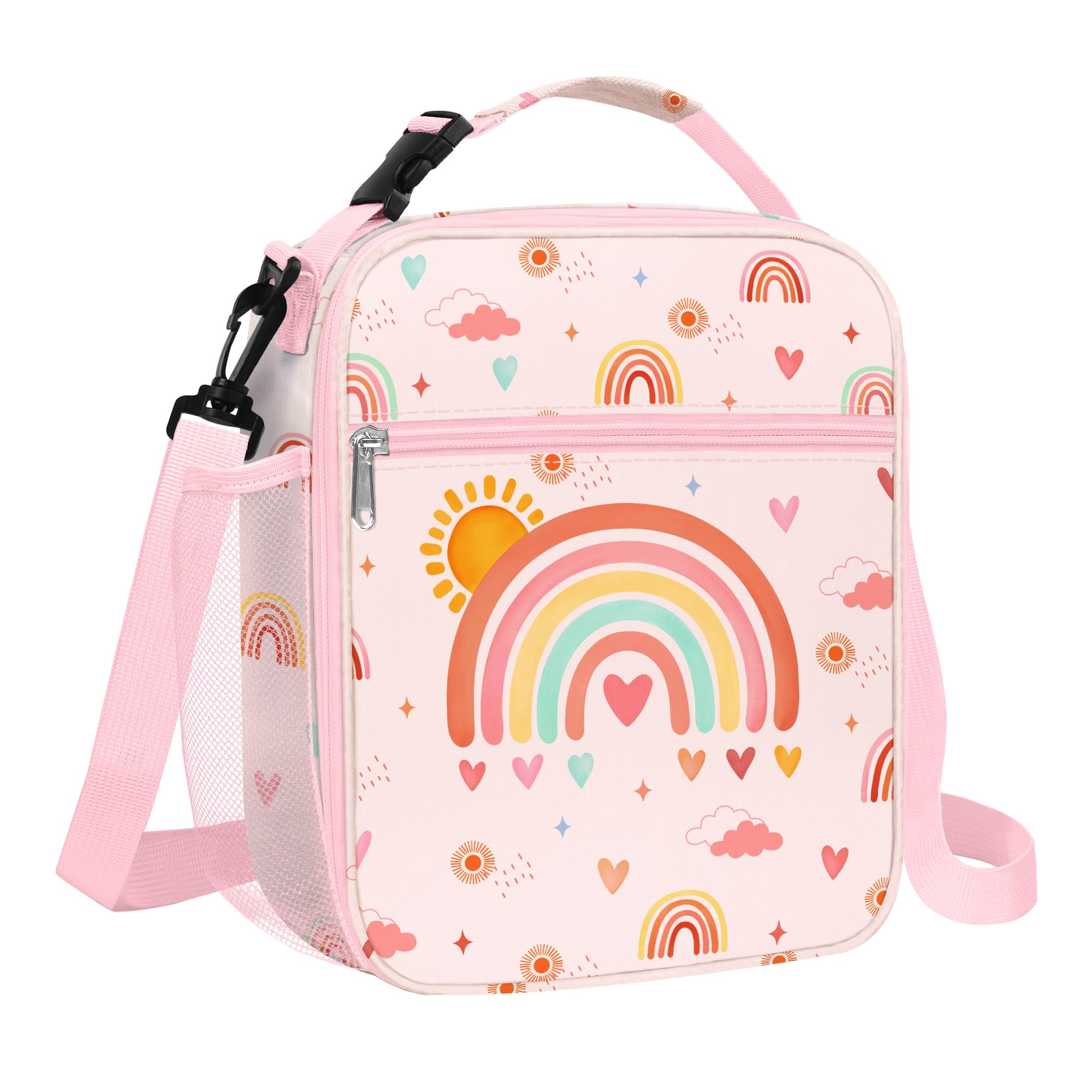 Clastyle Bolsa Termica Porta Alimentos Bebe Rosa Arco Iris, Bolsa Almuerzo Infantil Corazón Reutilizables con Correa, Bolsa Comida Niña para Viaje Picnic Guarderia