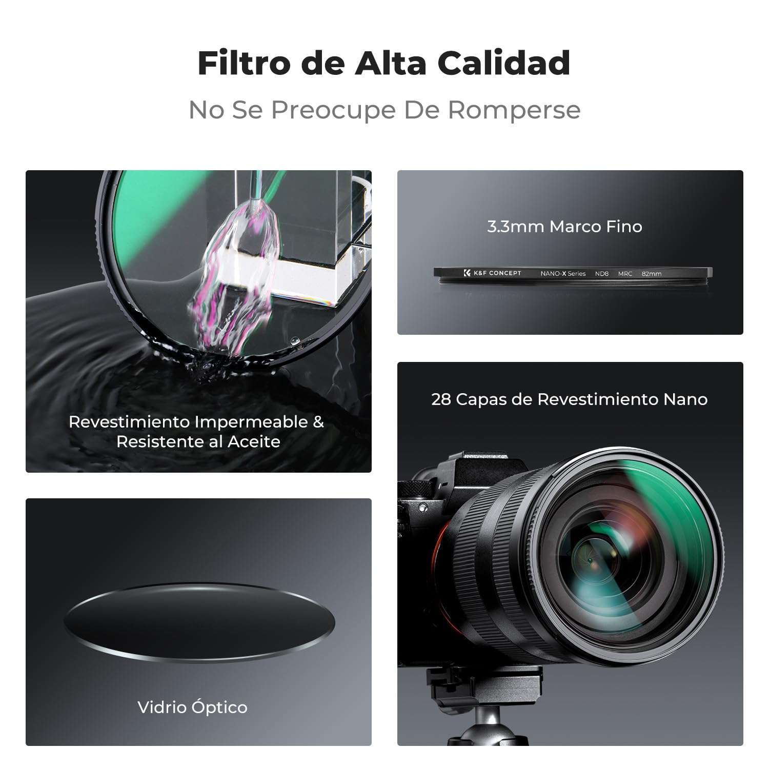 K&F CONCEPT Nano-Xcel 82mm Filtro ND8(3 Pasos) | Filtro Densidad Neutral de Vidrio Óptico HD con Revestimiento Nano - FN703
