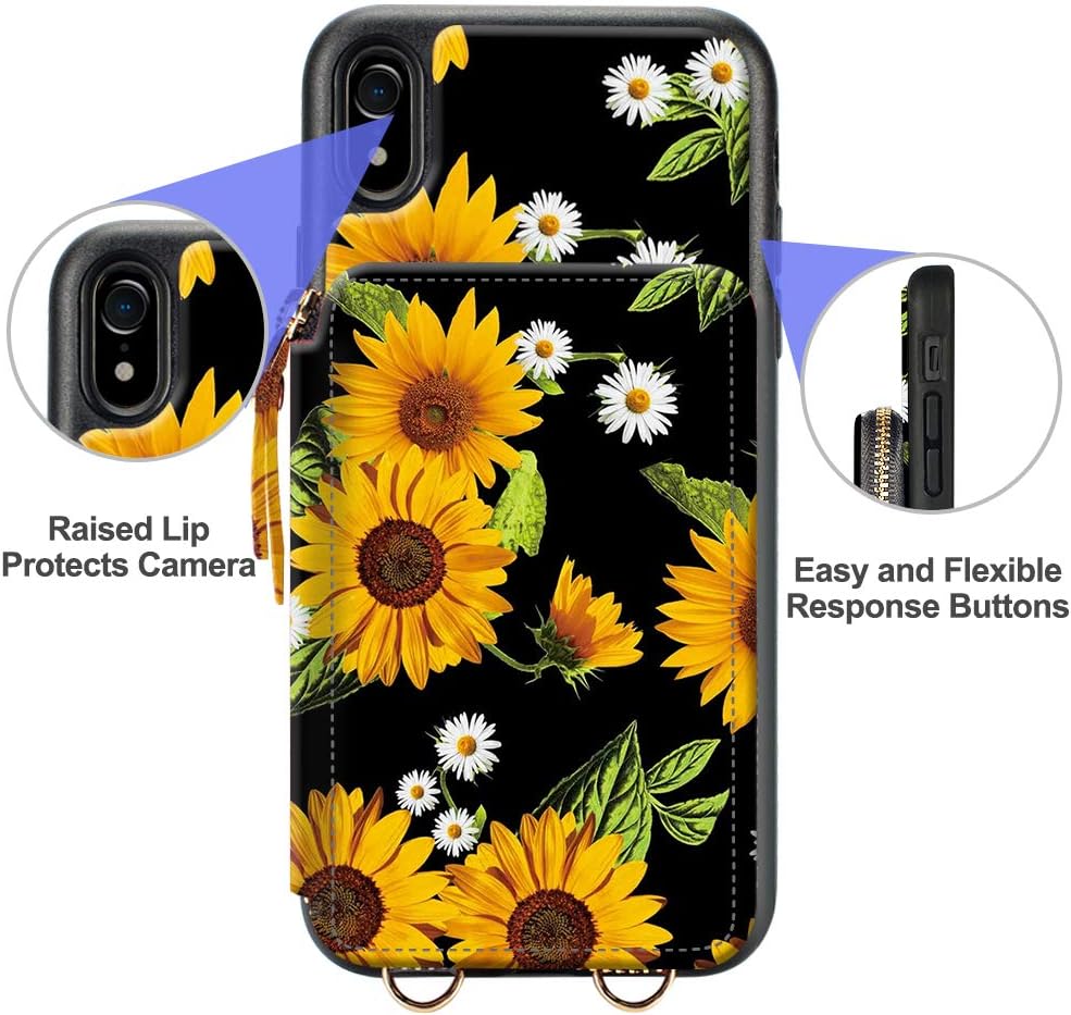 LAMEEKU iPhone XR Wallet Case, iPhone XR Card Holder Case, Floral Sunflower Pattern Zipper Leather Case with Credit Card Slot Strap, Protective Cover for iPhone XR 6.1''-Sunflower