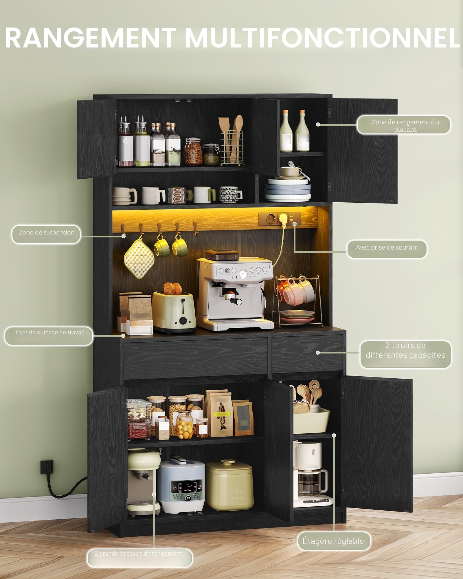 Hzuaneri Armoires Cuisine, Buffet, Haut Vaisselier avec Prises Électriques, avec Plans de Travail et Deux Tiroirs, Étagères Réglables, Cuisine, Salon, 100 x 40 x 180 cm, Noir, PT00204XEU